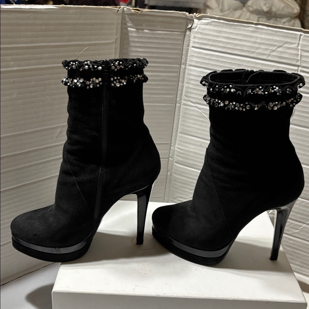 Fiorina Black suede Leather platform boots with crystal embellishments. EUC